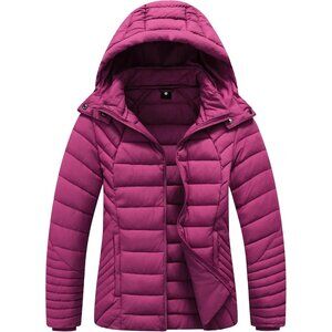 Women's Purple Quilted Hood Down Jacket Coat Detachable Warm Winter Travel